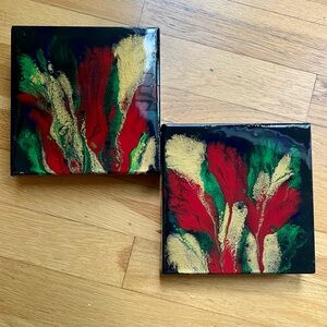 Set of 2 small abstract acrylic paintings in gold, green, black resin on canvas